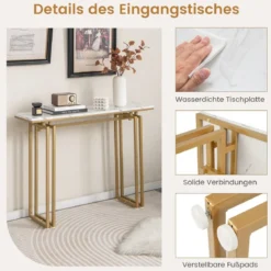 110 cm Langer Konsolentisch Moderner Eingangstisch mit Kunstmarmorplatte Weiß + Gold