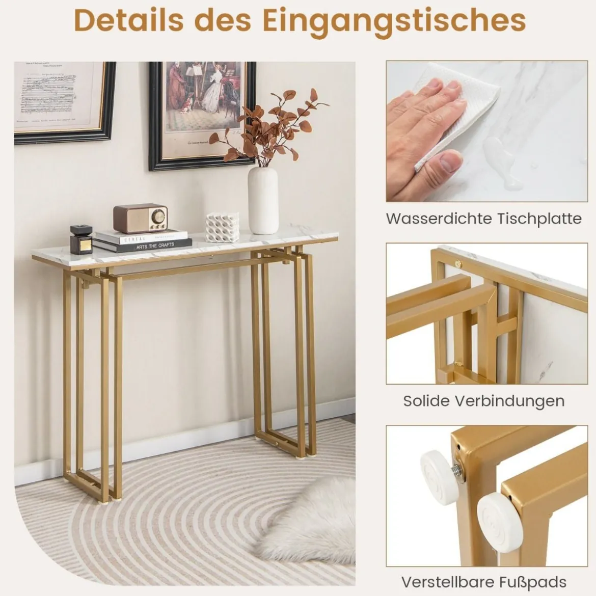 110 cm Langer Konsolentisch Moderner Eingangstisch mit Kunstmarmorplatte Weiß + Gold