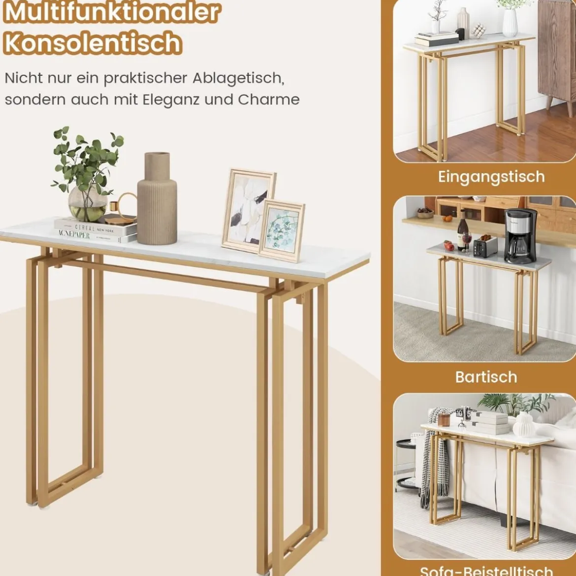 110 cm Langer Konsolentisch Moderner Eingangstisch mit Kunstmarmorplatte Weiß + Gold