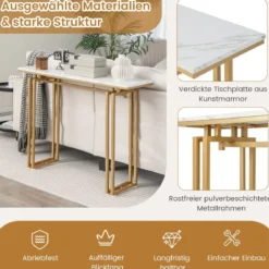 110 cm Langer Konsolentisch Moderner Eingangstisch mit Kunstmarmorplatte Weiß + Gold