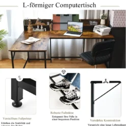 166 cm Langer L-Förmiger Arbeitstisch Computertisch mit Ablagen und Aktenregal Braun