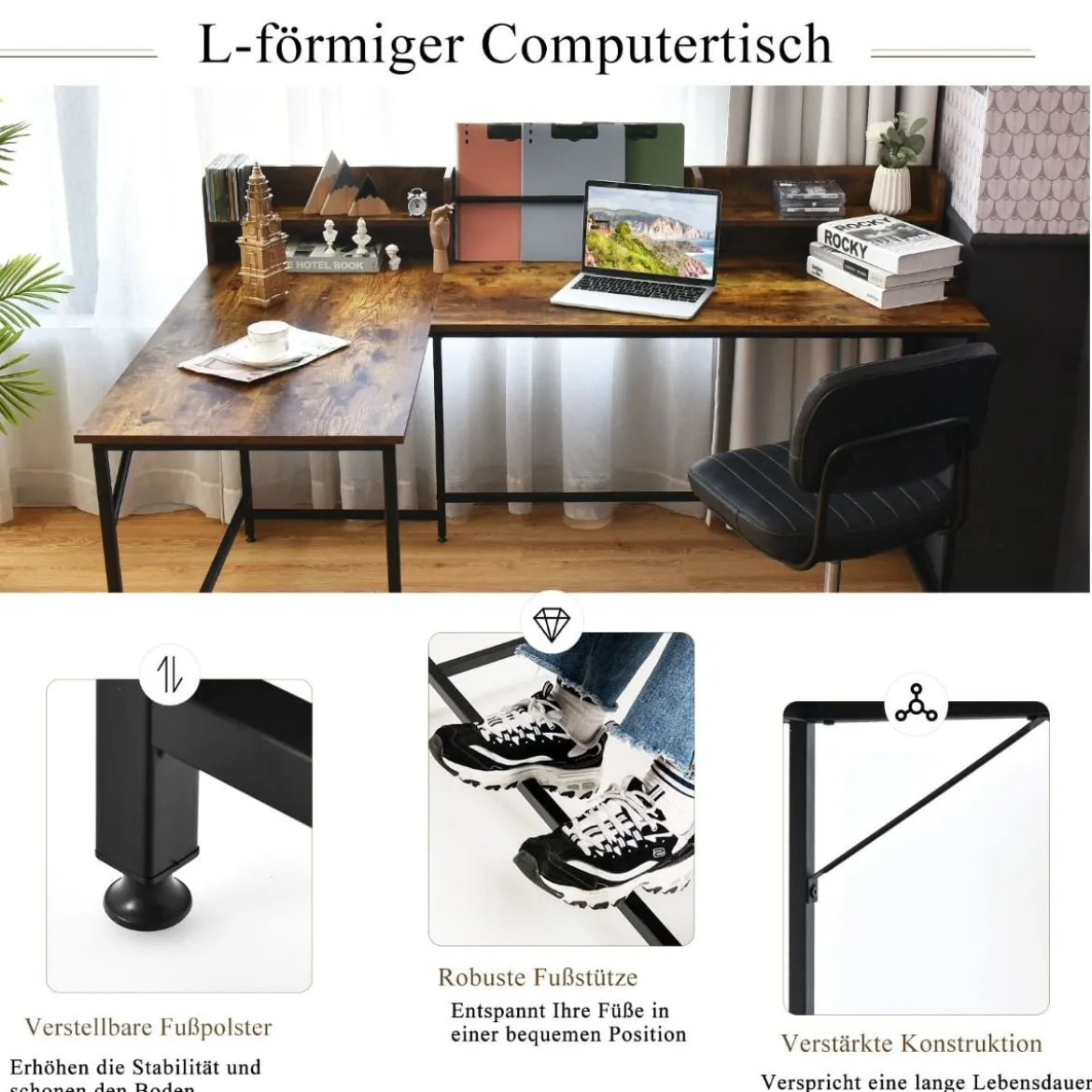 166 cm Langer L-Förmiger Arbeitstisch Computertisch mit Ablagen und Aktenregal Braun