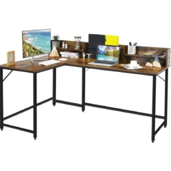 166 cm Langer L-Förmiger Arbeitstisch Computertisch mit Ablagen und Aktenregal Braun