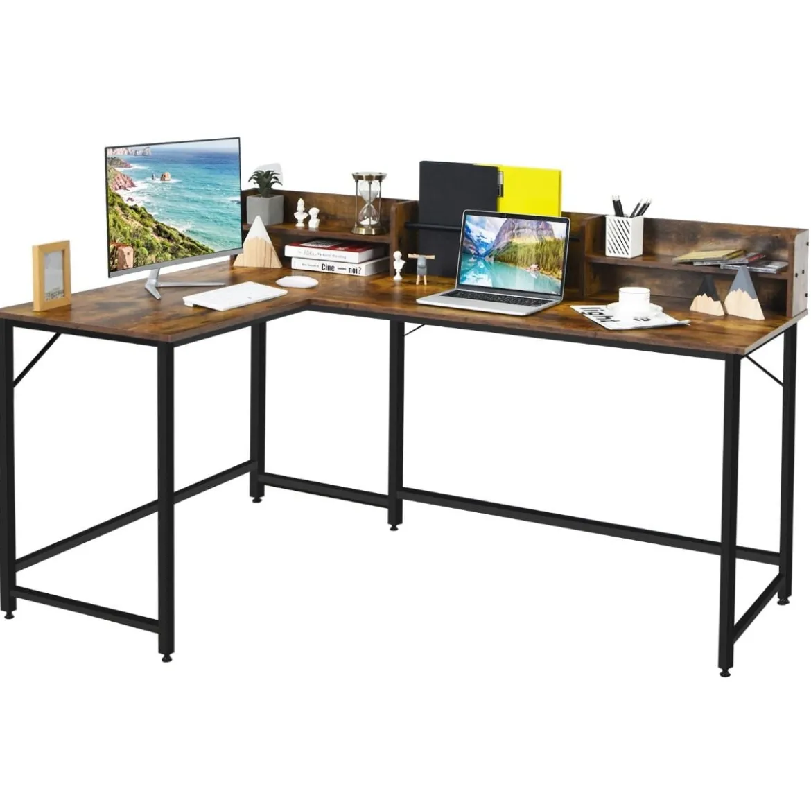 166 cm Langer L-Förmiger Arbeitstisch Computertisch mit Ablagen und Aktenregal Braun