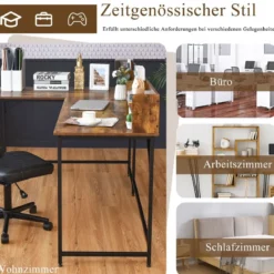 166 cm Langer L-Förmiger Arbeitstisch Computertisch mit Ablagen und Aktenregal Braun