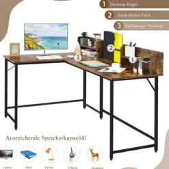 166 cm Langer L-Förmiger Arbeitstisch Computertisch mit Ablagen und Aktenregal Braun