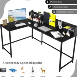 166 cm Langer L-Förmiger Arbeitstisch Computertisch mit Ablagen und Aktenregal Schwarz