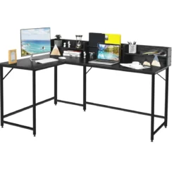 166 cm Langer L-Förmiger Arbeitstisch Computertisch mit Ablagen und Aktenregal Schwarz