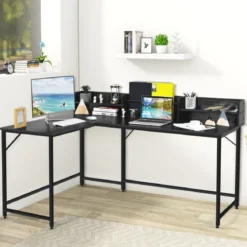 166 cm Langer L-Förmiger Arbeitstisch Computertisch mit Ablagen und Aktenregal Schwarz