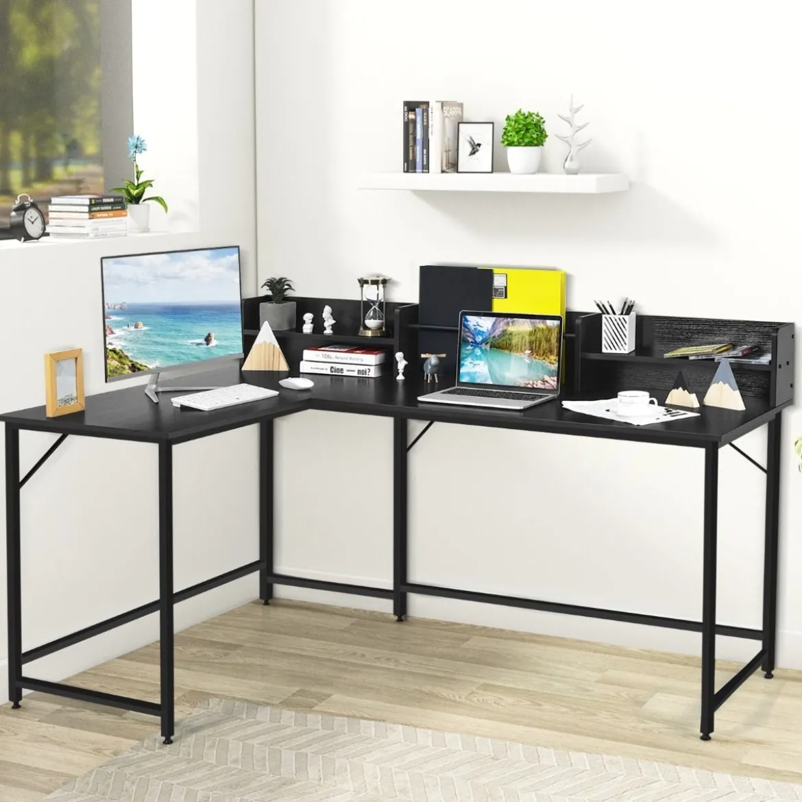 166 cm Langer L-Förmiger Arbeitstisch Computertisch mit Ablagen und Aktenregal Schwarz