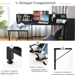 166 cm Langer L-Förmiger Arbeitstisch Computertisch mit Ablagen und Aktenregal Schwarz