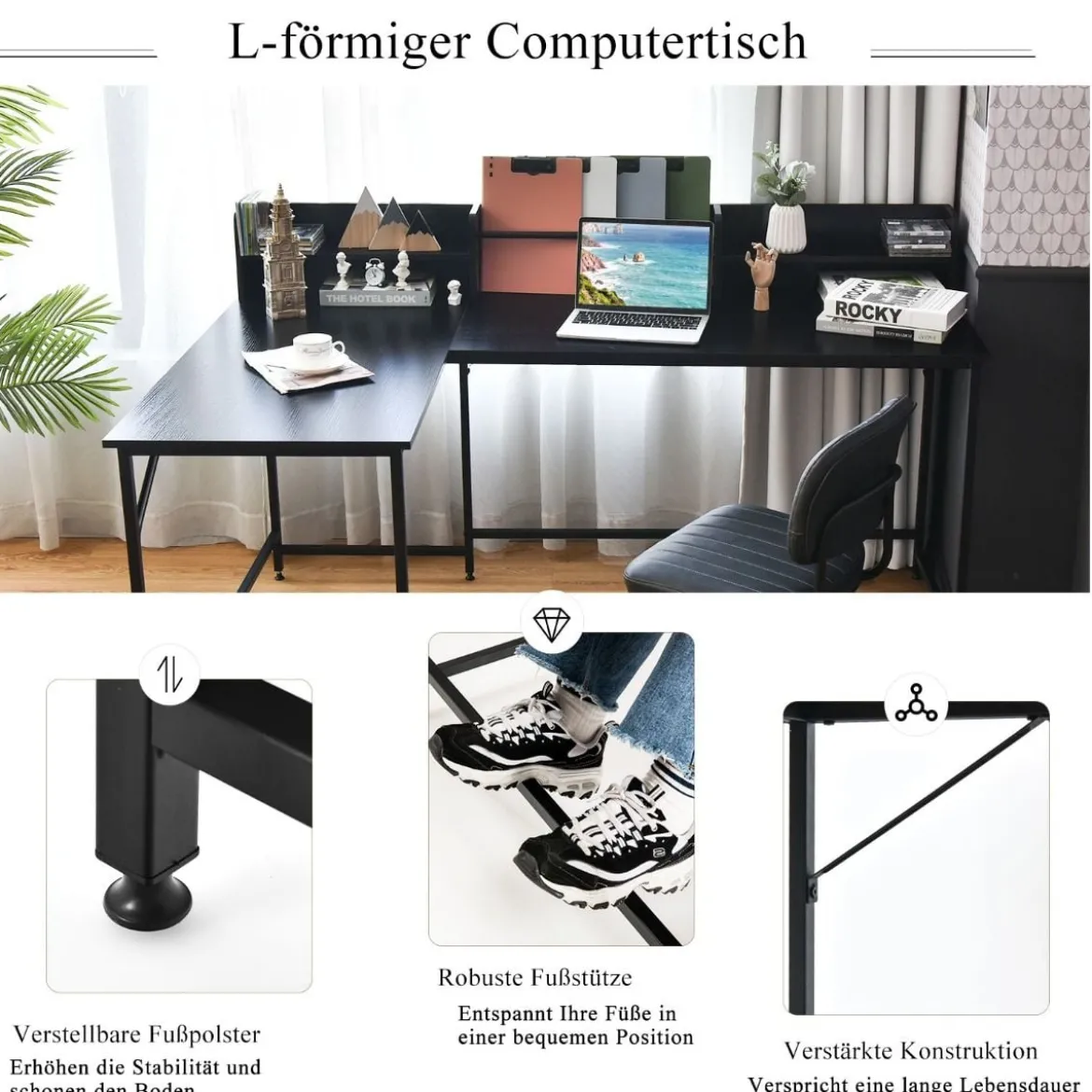 166 cm Langer L-Förmiger Arbeitstisch Computertisch mit Ablagen und Aktenregal Schwarz