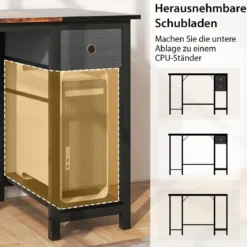 140 cm Langer Schreibtisch mit 2 Schubladen & Kopfhörerhaken & Ablagefach Computertisch