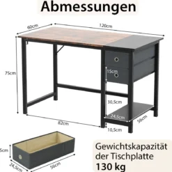 120 cm Langer Schreibtisch mit 2 Schubladen & Kopfhörerhaken & Ablagefach Computertisch