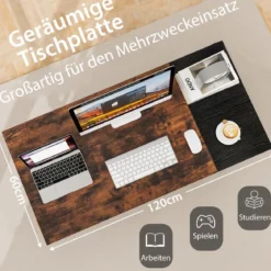 120 cm Langer Schreibtisch mit 2 Schubladen & Kopfhörerhaken & Ablagefach Computertisch