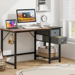 120 cm Langer Schreibtisch mit 2 Schubladen & Kopfhörerhaken & Ablagefach Computertisch