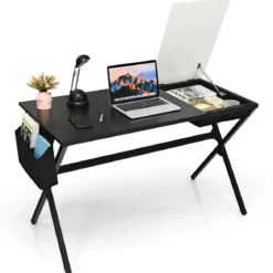 120 cm langer Schreibtisch mit Würfelschublade & Seitentasche Computertisch Schwarz+ Weiß