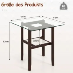 61 cm langer und breiter Beistelltisch aus Glas 2-stöckiger Glastisch mit Ablagefläche Braun