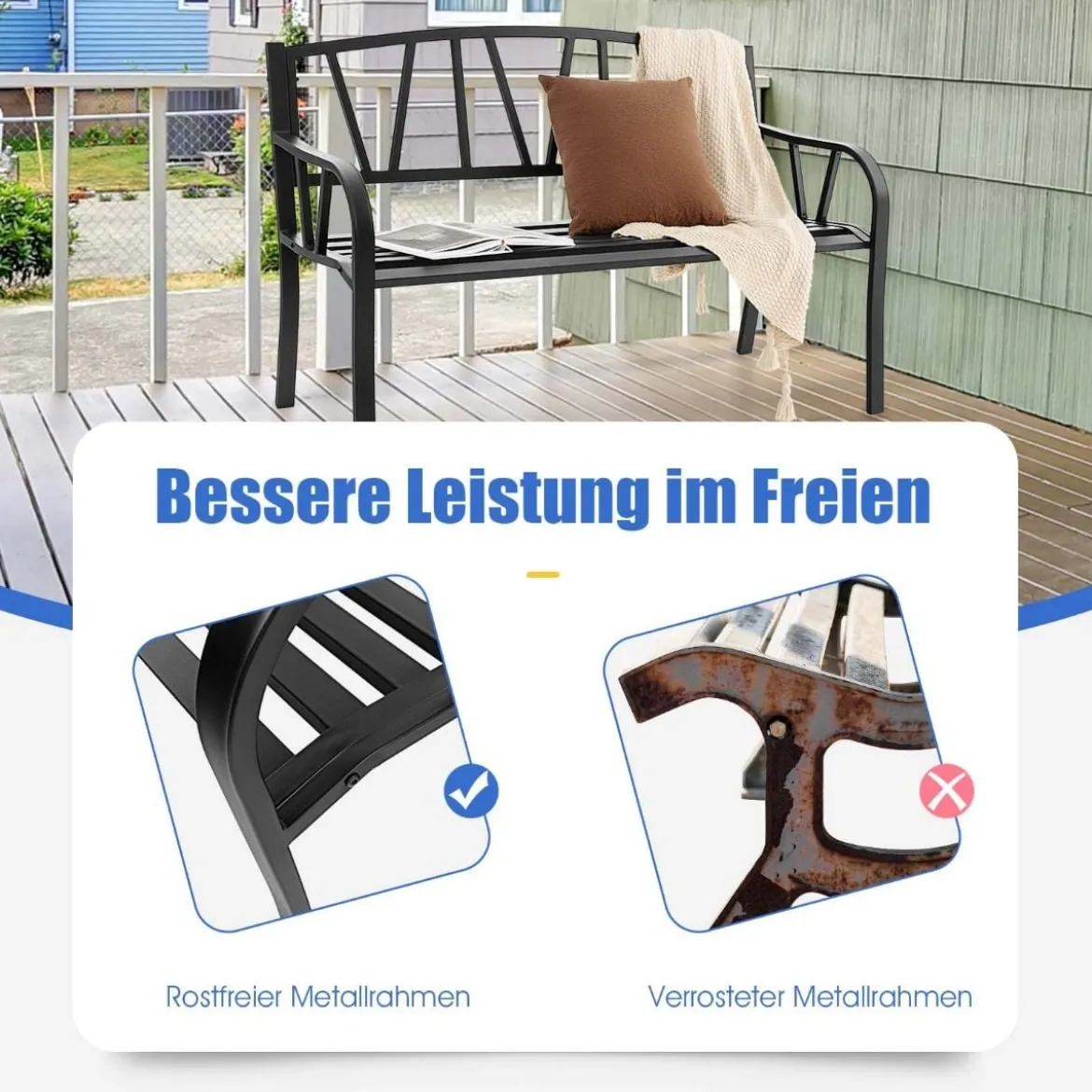 128 cm Lange Sitzbank Gartenbank mit Metallrahmen Schwarz