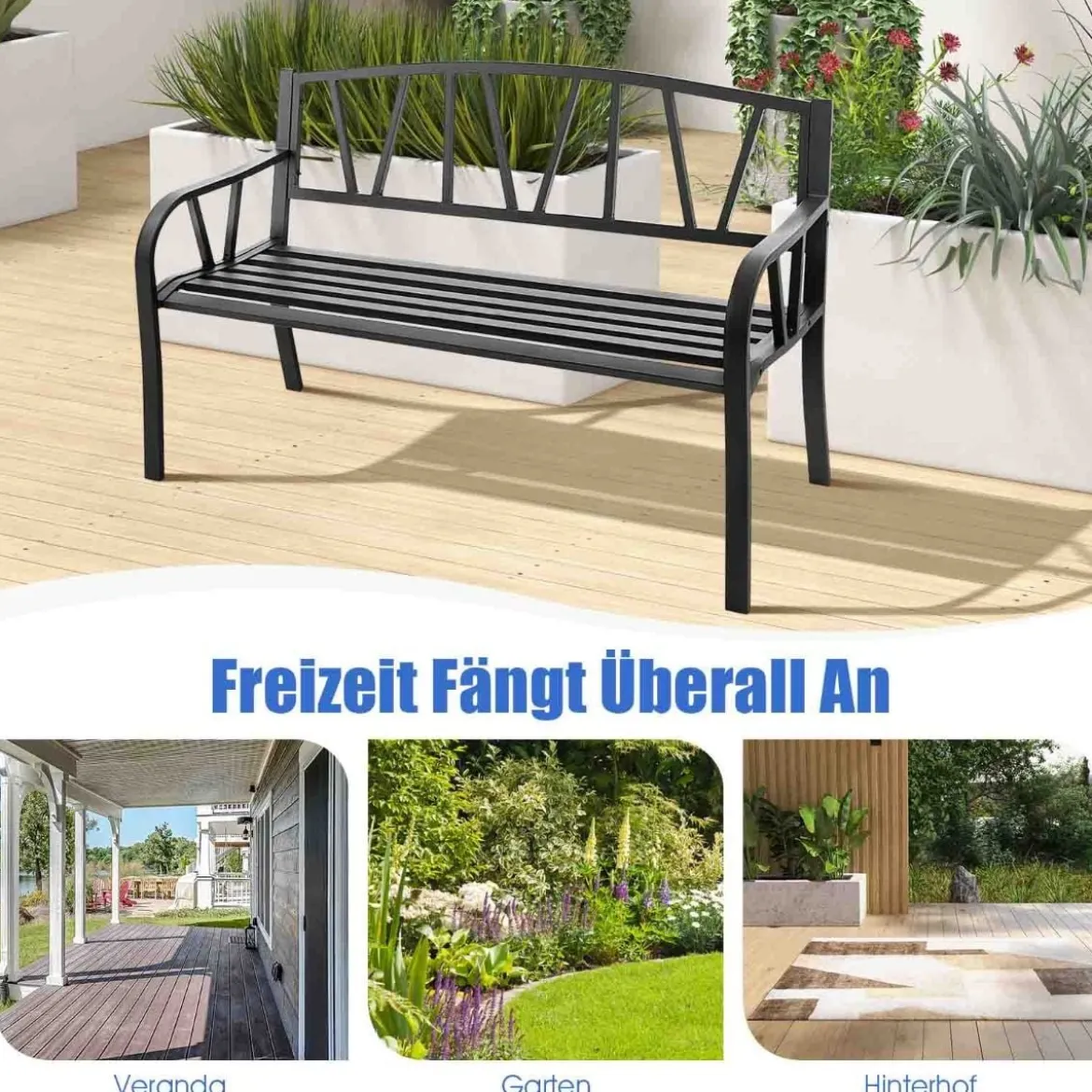 128 cm Lange Sitzbank Gartenbank mit Metallrahmen Schwarz