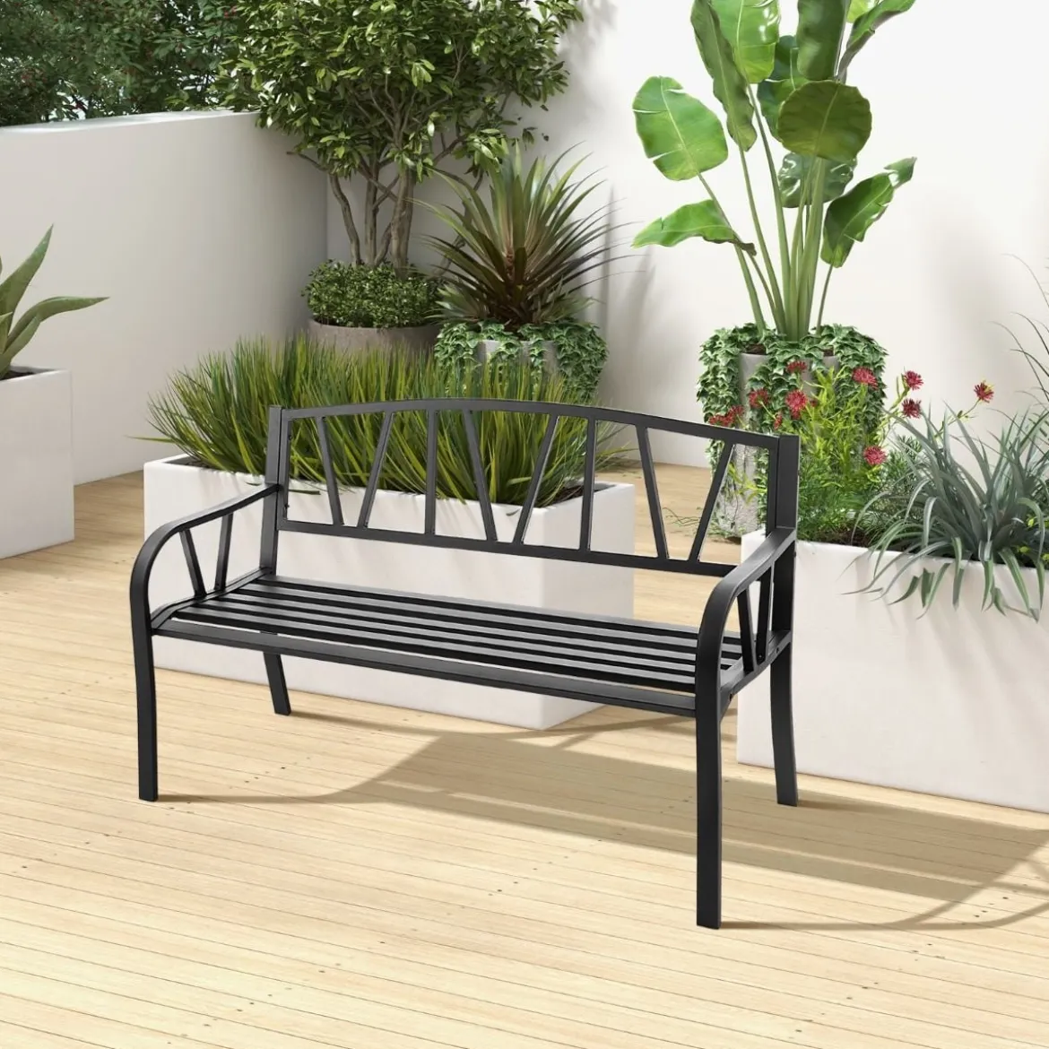 128 cm Lange Sitzbank Gartenbank mit Metallrahmen Schwarz