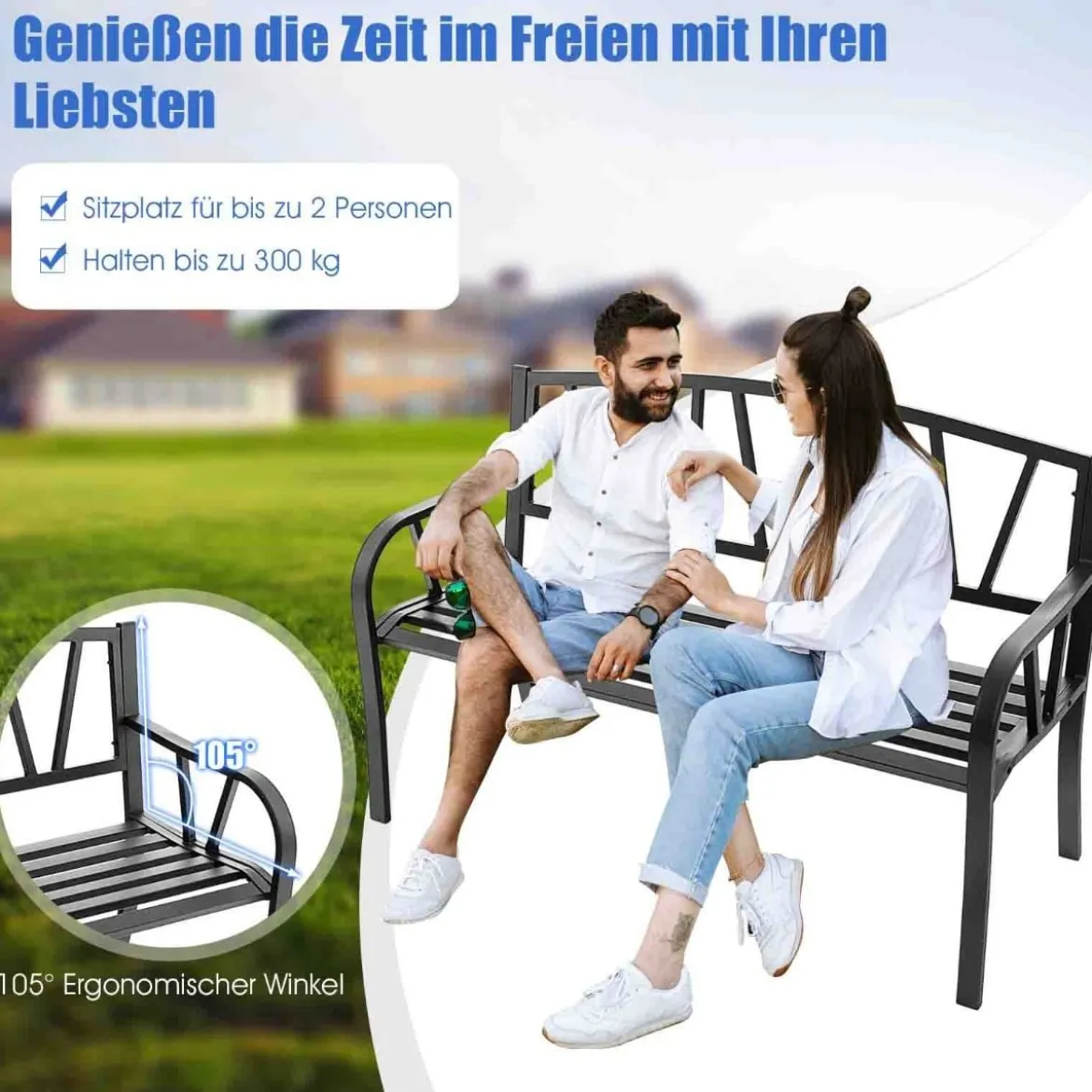 128 cm Lange Sitzbank Gartenbank mit Metallrahmen Schwarz