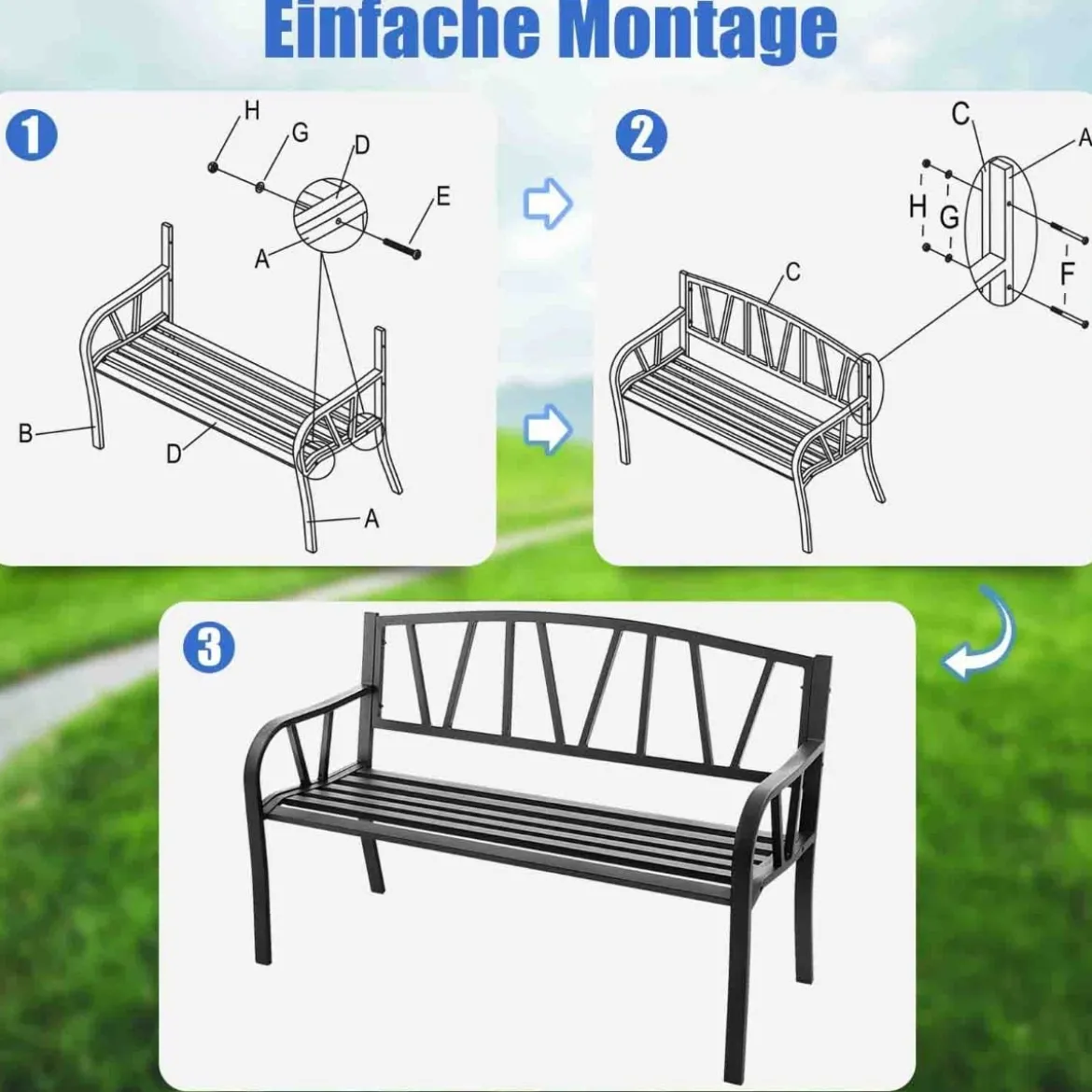 128 cm Lange Sitzbank Gartenbank mit Metallrahmen Schwarz