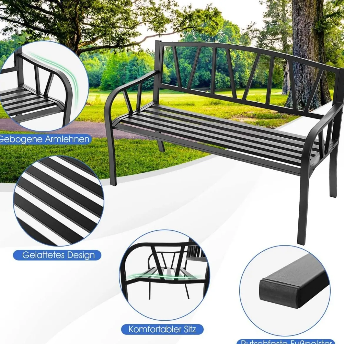 128 cm Lange Sitzbank Gartenbank mit Metallrahmen Schwarz