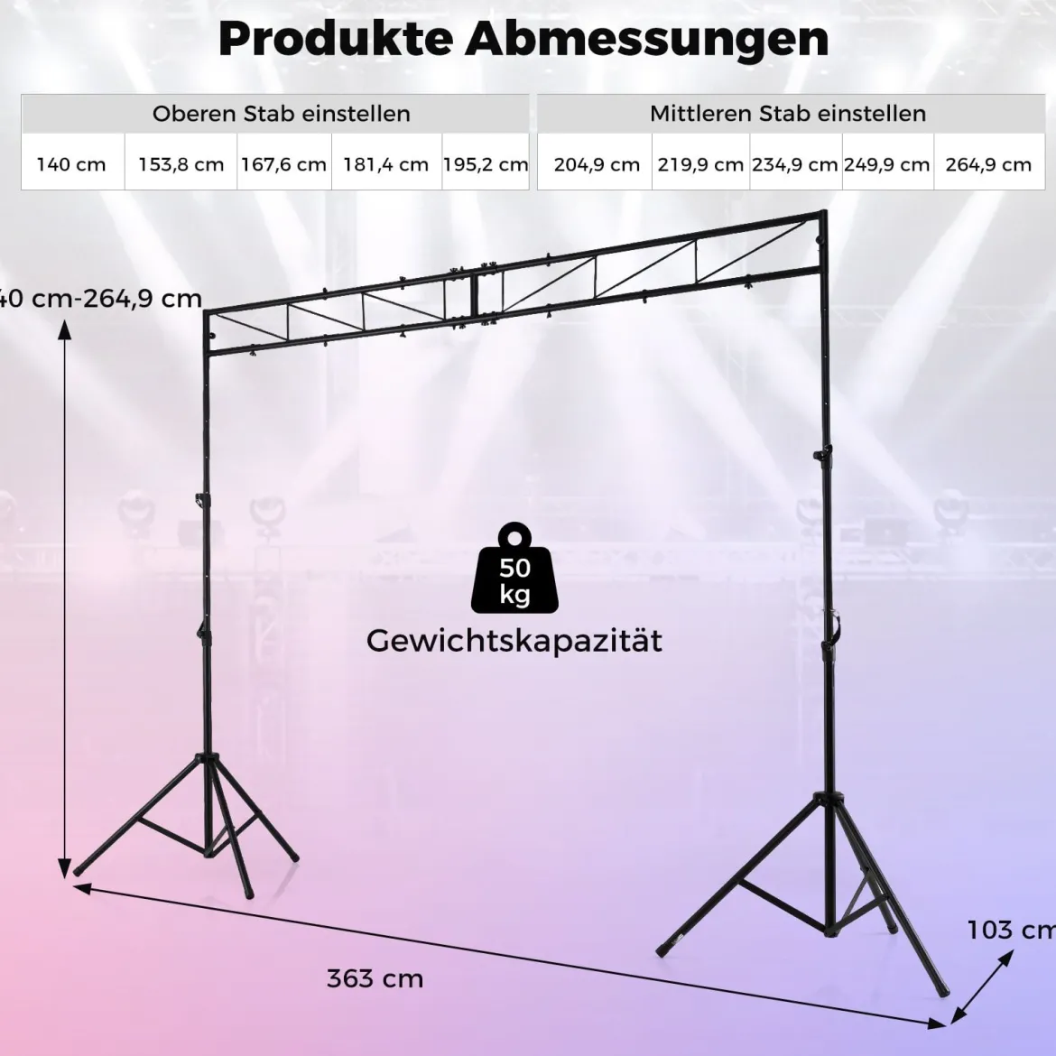360 cm langes Lichtstativ mit Quertraverse Höhenverstellbarem DJ-Lampenstativ 140–265 cm