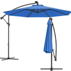 Ø 300cm LED Ampelschirm Sonnenschirm mit Solarlichtern Terrassenschirm für Garten Blau