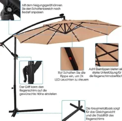 Ø 300cm LED Ampelschirm Strandschirm mit Solarlichtern Terrassenschirm für Garten Beige