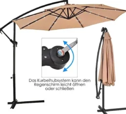 Ø 300cm LED Ampelschirm Strandschirm mit Solarlichtern Terrassenschirm für Garten Beige