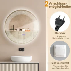 Ø 60 cm LED-Badezimmerspiegel mit 3-farbigen Lichtern & Touch-Schalter Kosmetikspiegel