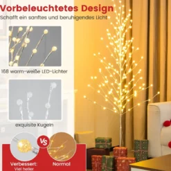 155 cm LED Lichterbaum mit Warmweißen LED-Leuchten & Metallständer Birkenbaum Silber