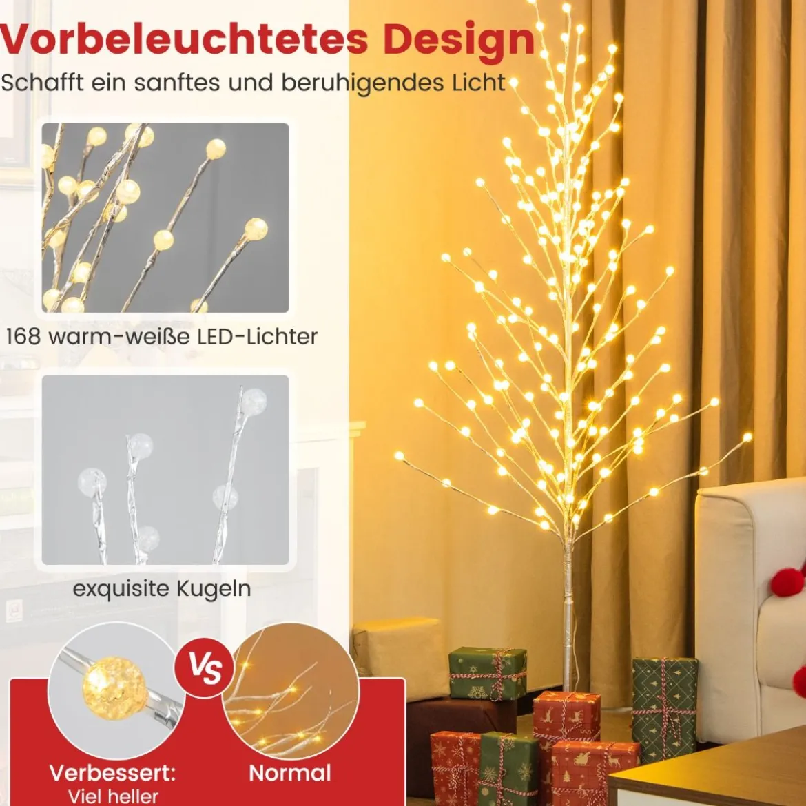 155 cm LED Lichterbaum mit Warmweißen LED-Leuchten & Metallständer Birkenbaum Silber
