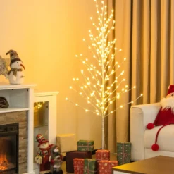 155 cm LED Lichterbaum mit Warmweißen LED-Leuchten & Metallständer Birkenbaum Silber