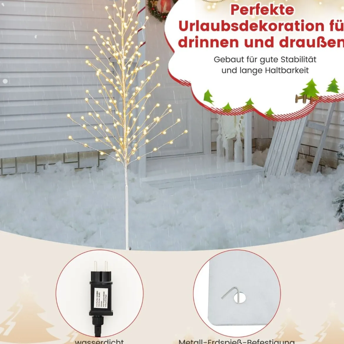155 cm LED Lichterbaum mit Warmweißen LED-Leuchten & Metallständer Birkenbaum Silber