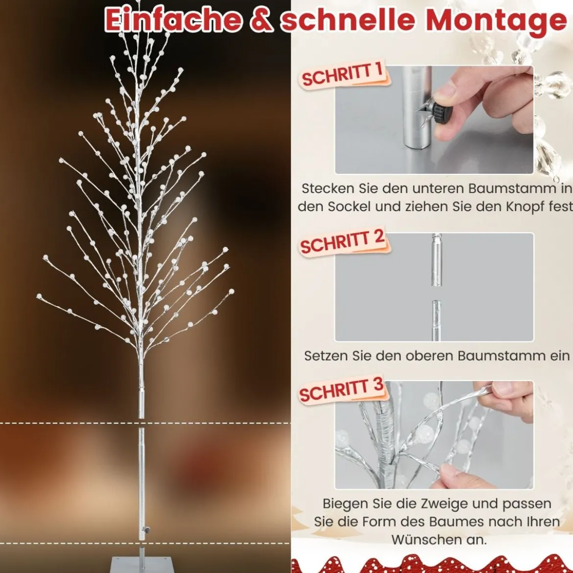 155 cm LED Lichterbaum mit Warmweißen LED-Leuchten & Metallständer Birkenbaum Silber
