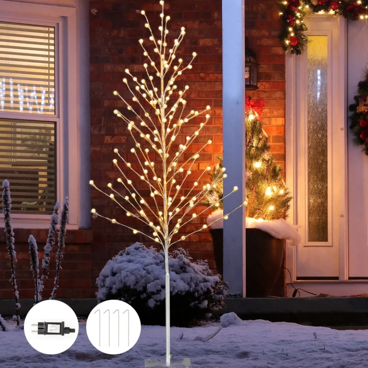 155 cm LED Lichterbaum mit Warmweißen LED-Leuchten & Metallständer Birkenbaum Silber