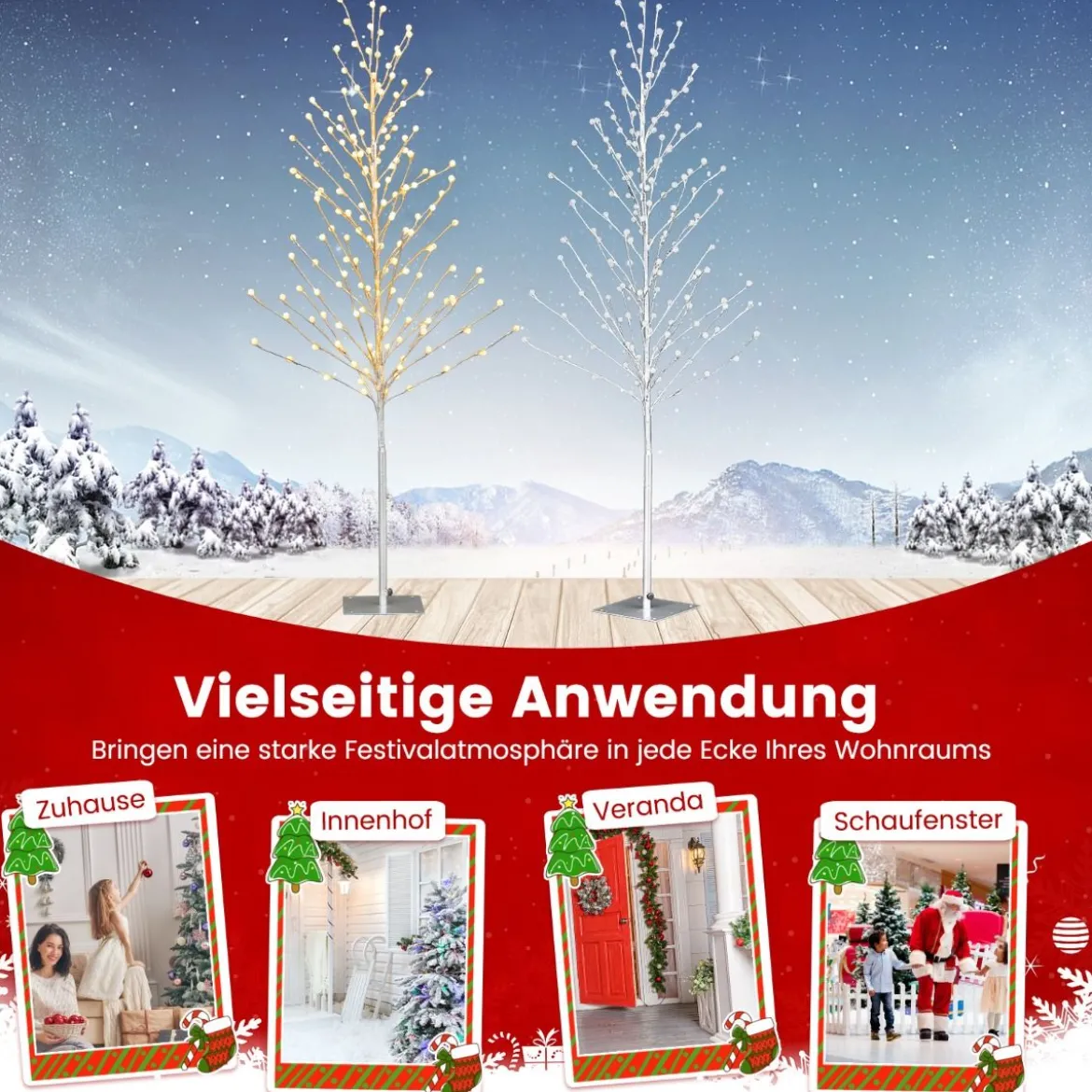 155 cm LED Lichterbaum mit Warmweißen LED-Leuchten & Metallständer Birkenbaum Silber
