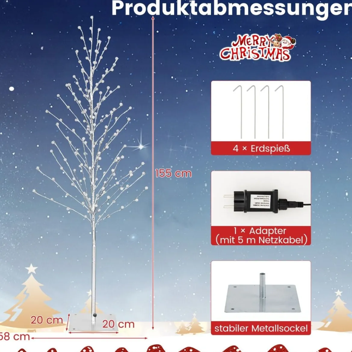 155 cm LED Lichterbaum mit Warmweißen LED-Leuchten & Metallständer Birkenbaum Silber