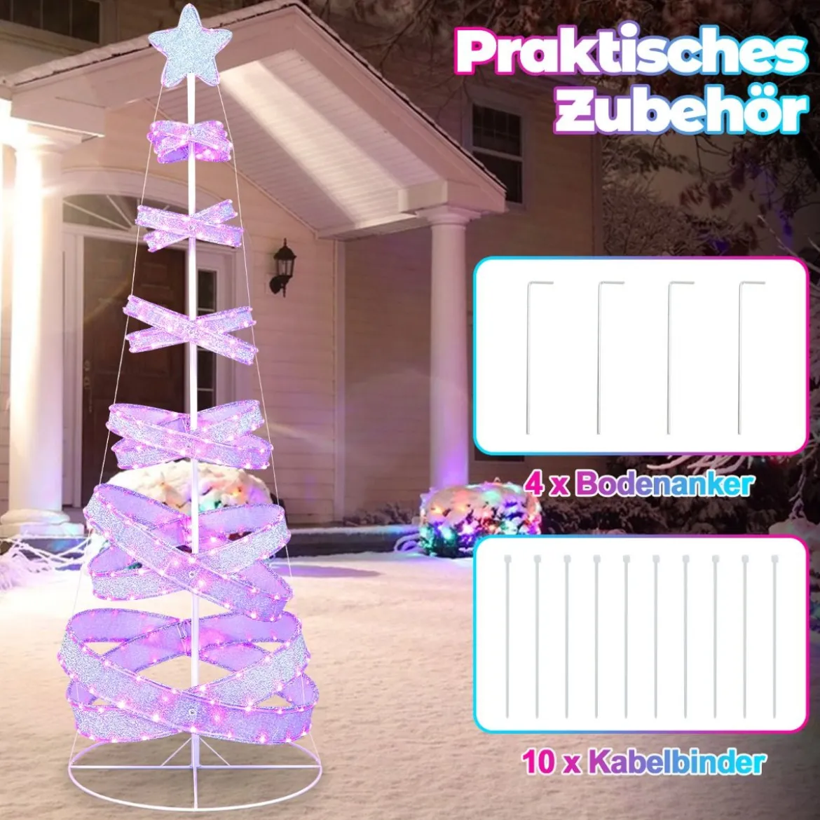 210 cm LED Spiral Weihnachtsbaum aus Polyester Metall mit 341 LEDs & 34 Lichtmodi & Stern