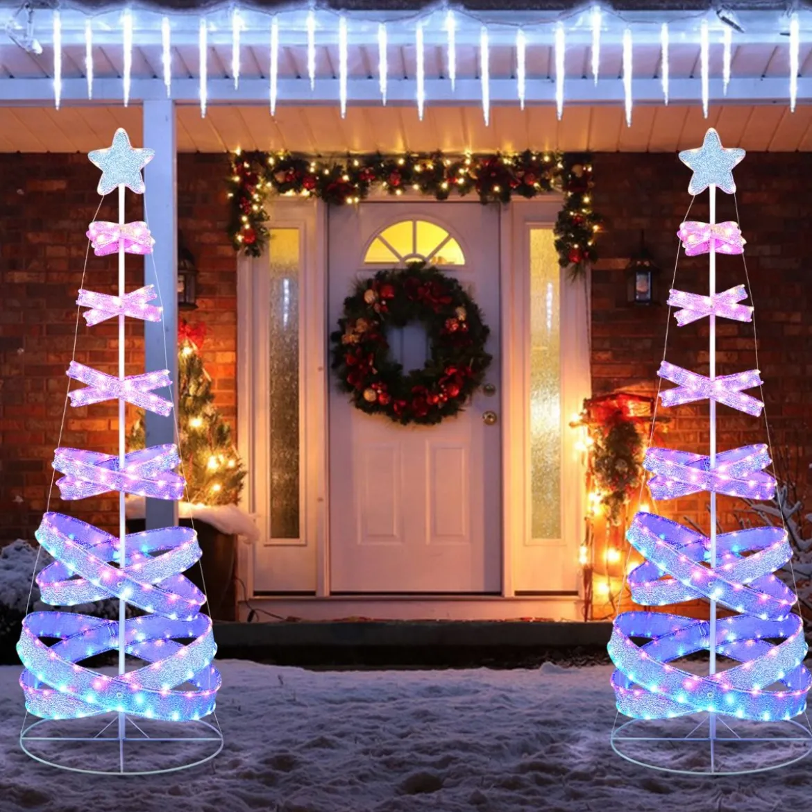 210 cm LED Spiral Weihnachtsbaum aus Polyester Metall mit 341 LEDs & 34 Lichtmodi & Stern