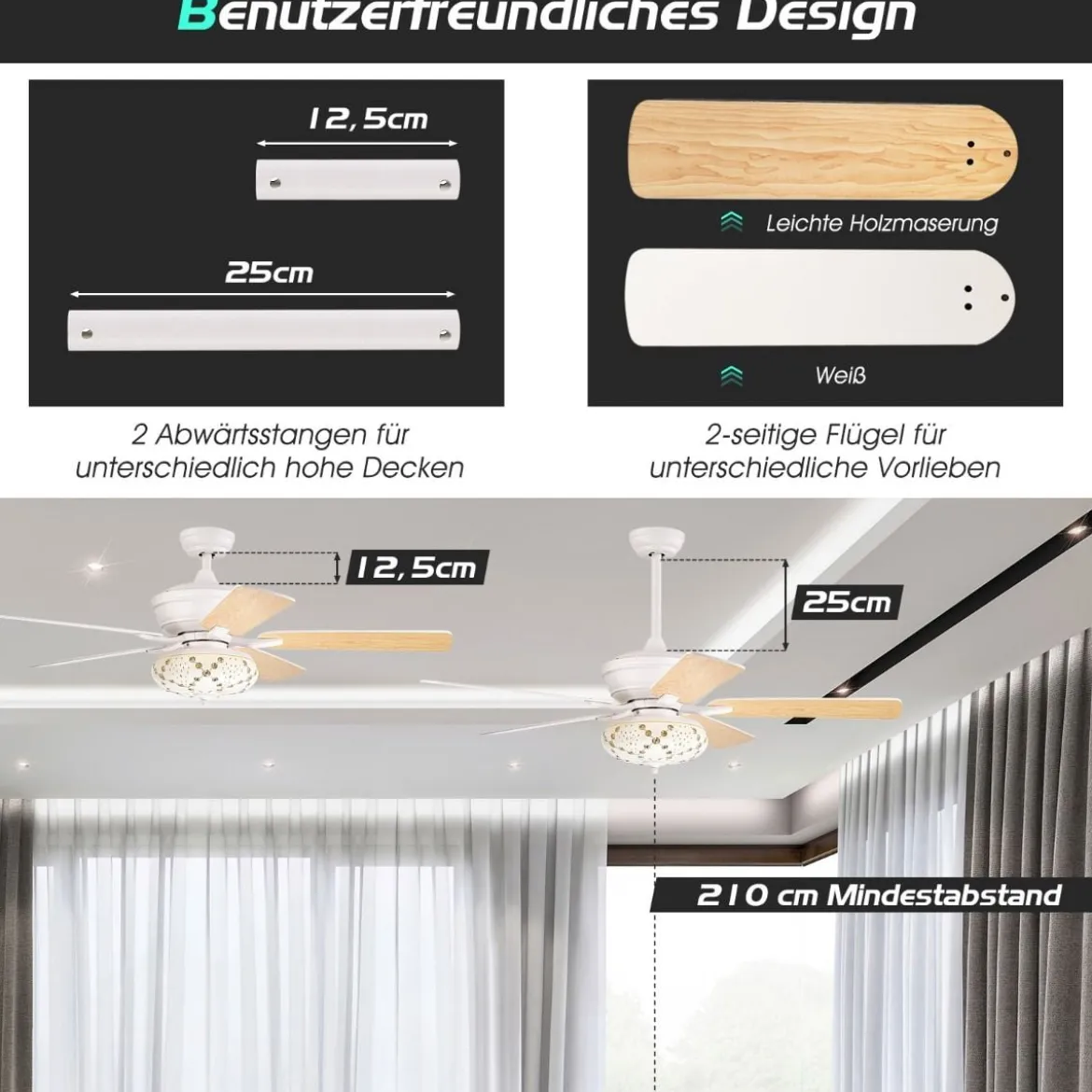 132cm leiser Deckenventilator Holz mit Beleuchtung umkehrbar Ventilator mit Lampe 4H Timer Weiß