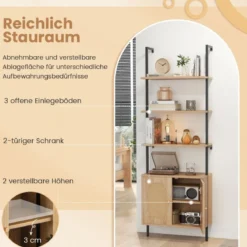 180cm Leiterregal mit Rattanschrank & 3 Ablagen & Metallrahmen Bücherregal Wandregal Standregal