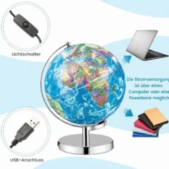 Ø 23 cm Leuchtglobus mit Metallsockel & Licht & Deutsche Geografische Karte & Sternbildkarte