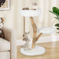 90 cm Massivholz Kratzbaum mit 3 Plüschsitzflächen Seil & Kratzpfosten Katzenbaum Katzenturm Weiß