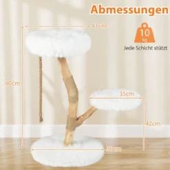 90 cm Massivholz Kratzbaum mit 3 Plüschsitzflächen Seil & Kratzpfosten Katzenbaum Katzenturm Weiß