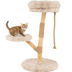90 cm Massivholz Kratzbaum mit 3 Plüschsitzflächen Seil & Kratzpfosten Katzenbaum Katzenturm Beige