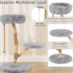 90 cm Massivholz Kratzbaum mit 3 Plüschsitzflächen Seil & Kratzpfosten Katzenbaum Katzenturm Grau